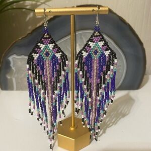 Black and Purple Chandelier Earrings with Beaded Fringe